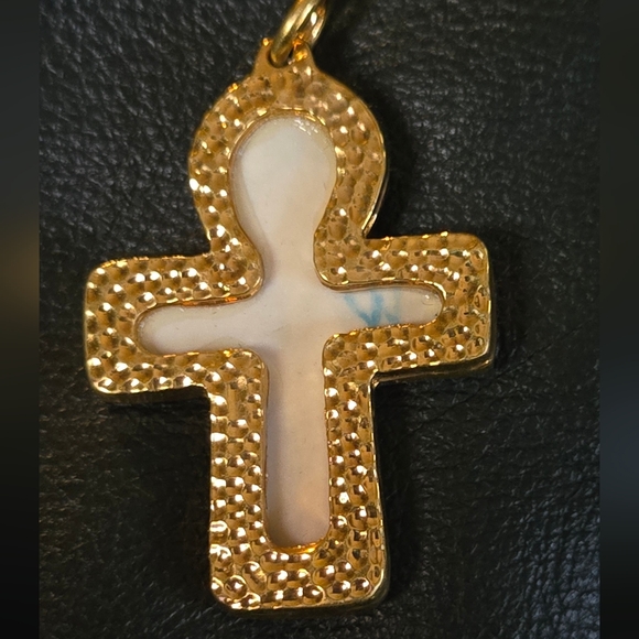 Blue & gold vintage Egyptian porcelain Ankh & Scarab pendant - Picture 3 of 6